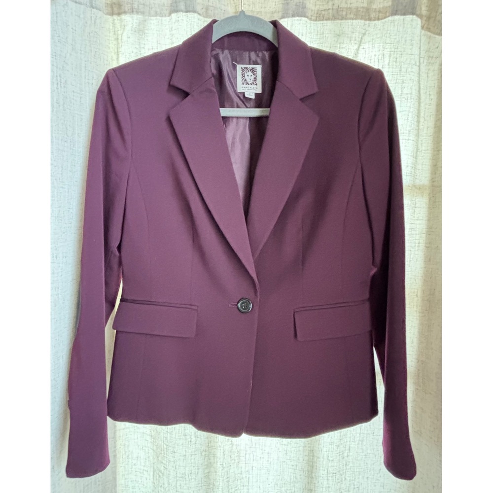 Anne Klein Plum Purple Blazer Suit Jacket‎ Elbow Patches Petite 4P Preppy Y2K